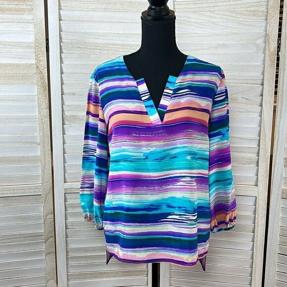 Amanda Uprichard Silk Split Neck Watercolor Popover Top Medium - Picture 1 of 12